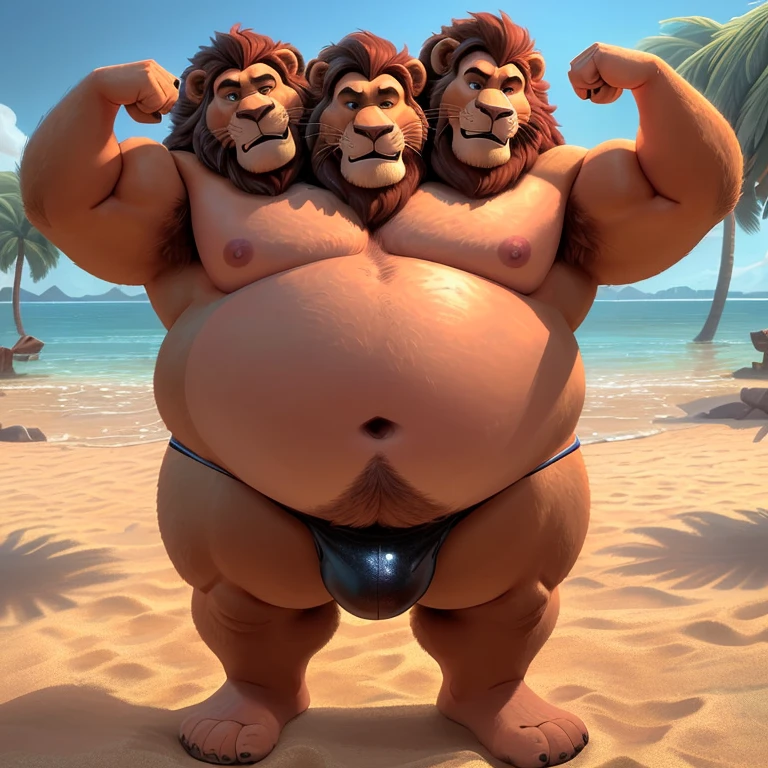 solo, (lion, lion tail), three heads on one body, three headed identical conjoined triplet brothers, (identical faces:1.3), (adult male, 50 year old male, (stylized 3d, by disney, by rembrandt), by pixar, by dramamine, (tall, chubby, manly, beefy, obese, fat), beach background, (thong, bulge, navel, nipples), correct hands, correct anatomy, (detailed eyes:1.2, cartoon eyes:1.2, small dark pupils, masculine eyes, narrow eyes, six eyes), (ultradetailed, best quality, detailed masterpiece, highly detailed masterpiece, 4k, professional cartoon:1.7), ((flexing:1.3, natural pose:1.3, nuanced expressions:1.3)), (((dadbod)))