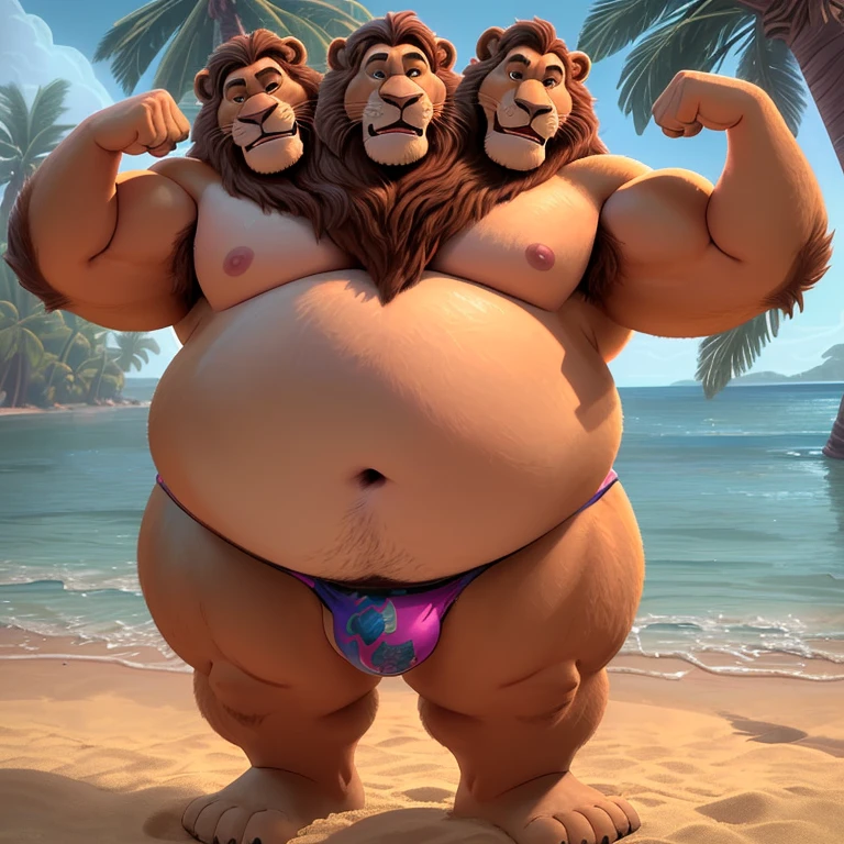 solo, (lion, lion tail), three heads on one body, three headed identical conjoined triplet brothers, (identical faces:1.3), (adult male, 50 year old male, (stylized 3d, by disney, by rembrandt), by pixar, by dramamine, (tall, chubby, manly, beefy, obese, fat), beach background, (thong, bulge, navel, nipples), correct hands, correct anatomy, (detailed eyes:1.2, cartoon eyes:1.2, small dark pupils, masculine eyes, narrow eyes, six eyes), (ultradetailed, best quality, detailed masterpiece, highly detailed masterpiece, 4k, professional cartoon:1.7), ((flexing:1.3, natural pose:1.3, nuanced expressions:1.3)), (((dadbod)))