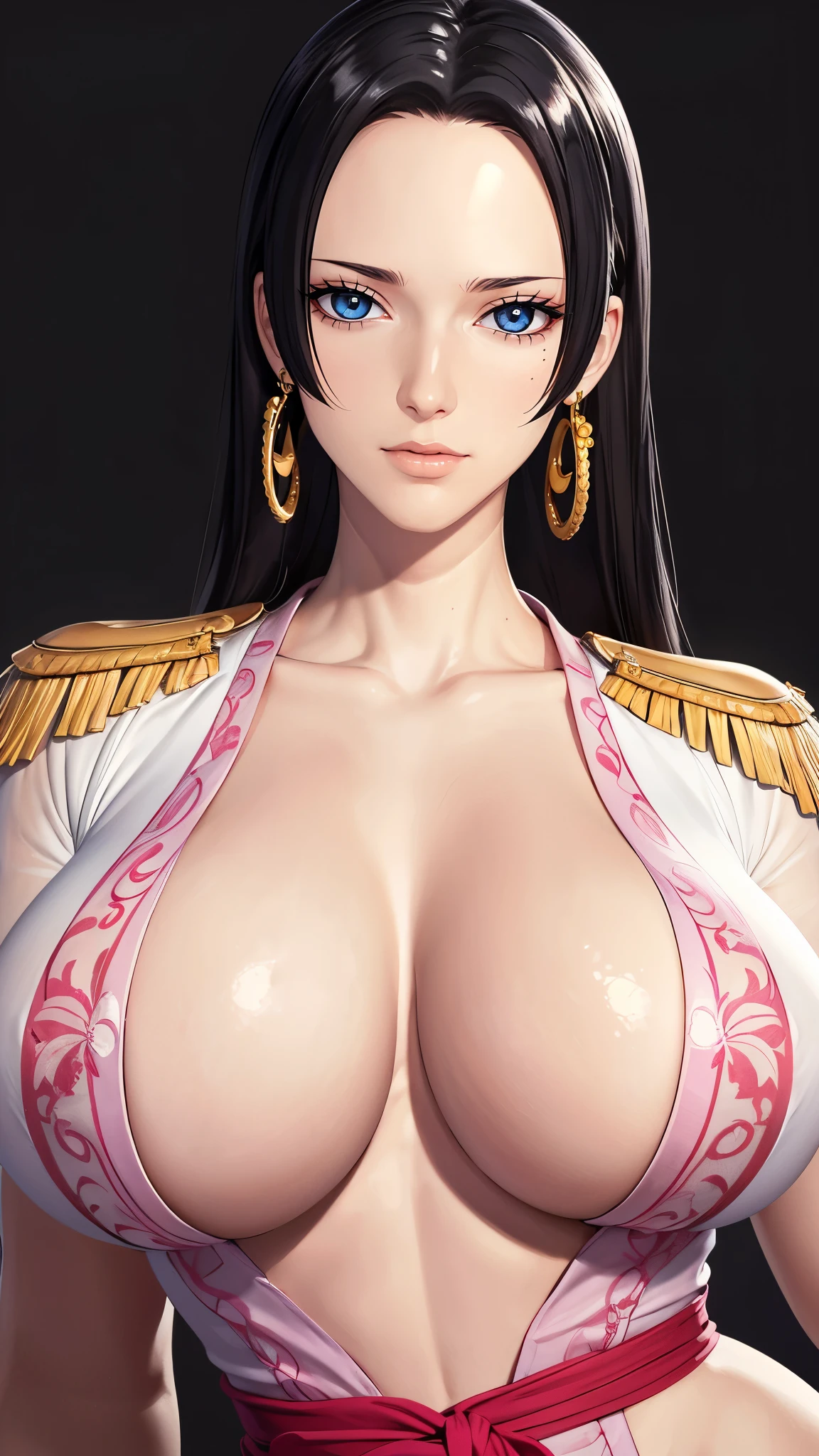 （（（完美figure，figure，cheongsam （（（boa hancock，Dark long hair, combed with a chiffon hairstyle, slightly wide forehead smooth and flat, deep blue eyes, slender and delicate corners of the eyes, almond eyes exuding a hint of coldness, nose bridge high and straight, nose small and delicate, lips soft without any wrinkles. Wearing a pair of snake shaped golden earrings under the ears）））((masterpiece)),high resolution, ((Best quality at best))，masterpiece，quality，Best quality，（（（ Exquisite facial features，looking at the audience,There is light in the eyes，Happy，lol））），型figure:1.7））），（（（Interlacing of light and shadow，huge boobs））），（（（looking into camera，black background，pose partially visible vulva,panties,Bend forward）））