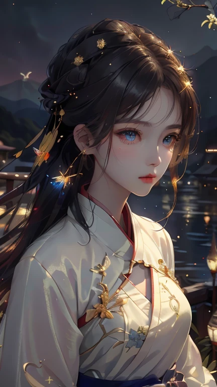 best quality, masterpiece, highres, 1girl, Detailed face, (Upper body:1.6), Chinese cities, mountains and rivers, end of sunset, moonlight, starry night, firefly lights, Realistic, rich in detail, (White hanfu:1.2), (beautiful body:1.4), epic, intricate