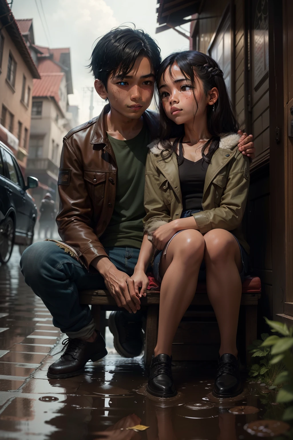 Nepali boy and girlfriend sharing a moment, seated on a weathered street stool, the warmth of their connection contrasting the chill of the rainfall around them. The boy savors every bite of his chatpat, a plate balanced precariously on his lap as he uses both hands to mix the spiced snack with relish. The large drops falling from the heavy grey sky create ripples in the puddles lining the cobblestone road, adding a cinematic touch to the realistic scene in the park.