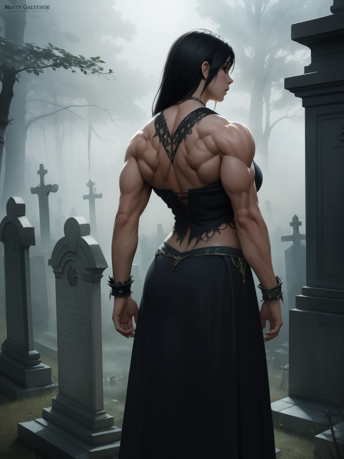 woman, goth, ethereal mist, Royo, backlit, graveyard in background, fantasy concept art , ((hyper muscular:0.7)) , ((big breasts:0.4)), strong , (muscular) 