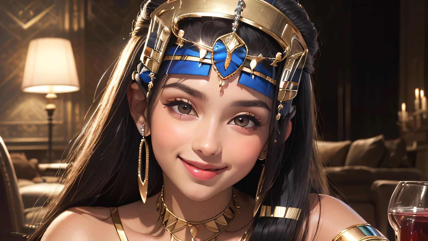 (UHD, retina, masterpiece, ccurate, anatomically correct, textured skin, super detail, high details, high quality, best quality, highres, 1080P, HD, 4K, 8k, 16k), (beautiful detailed eyes, beautiful detailed lips, extremely detailed eyes and face), studio lighting, physically-based rendering, vivid colors, (big tits, super big tits, super extra big , glamorous body), (thief:1.5), (portrait, blonde hair, shiny hair, shiny skin), (luxury furniture, bokeh:1.5), (tilt your head to the side:1.5), eye reflection, (blush, smile, tanned skin, cleopatra:1.5),
