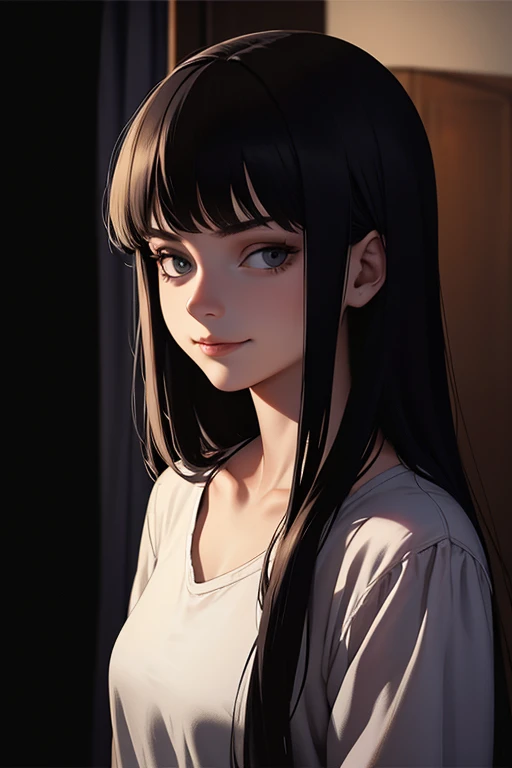 Creepy 19 year old girl, at home, dark room, smirk,