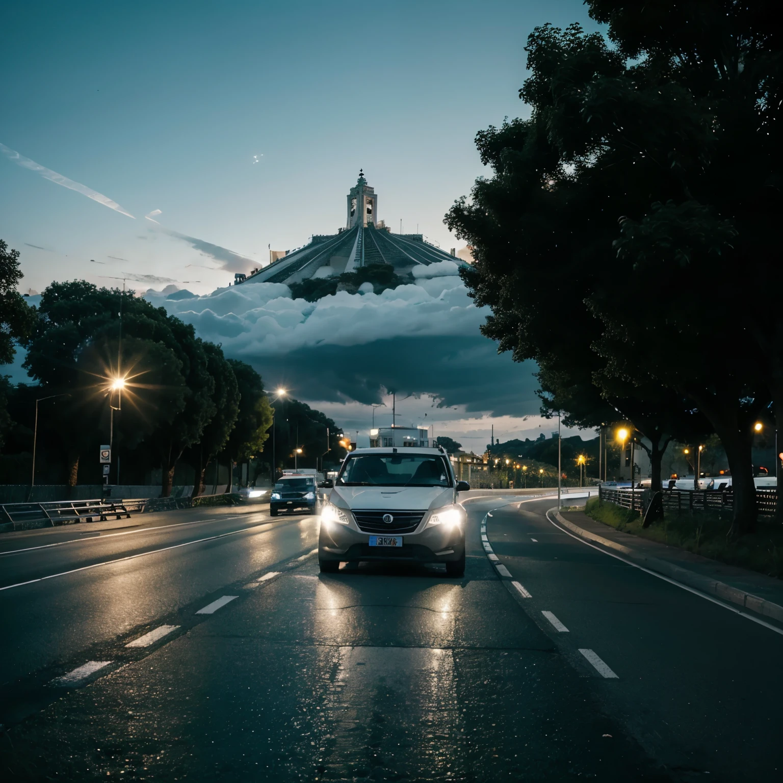 Vocho blanco sobre la carretera ingresando a la ciudad de noche