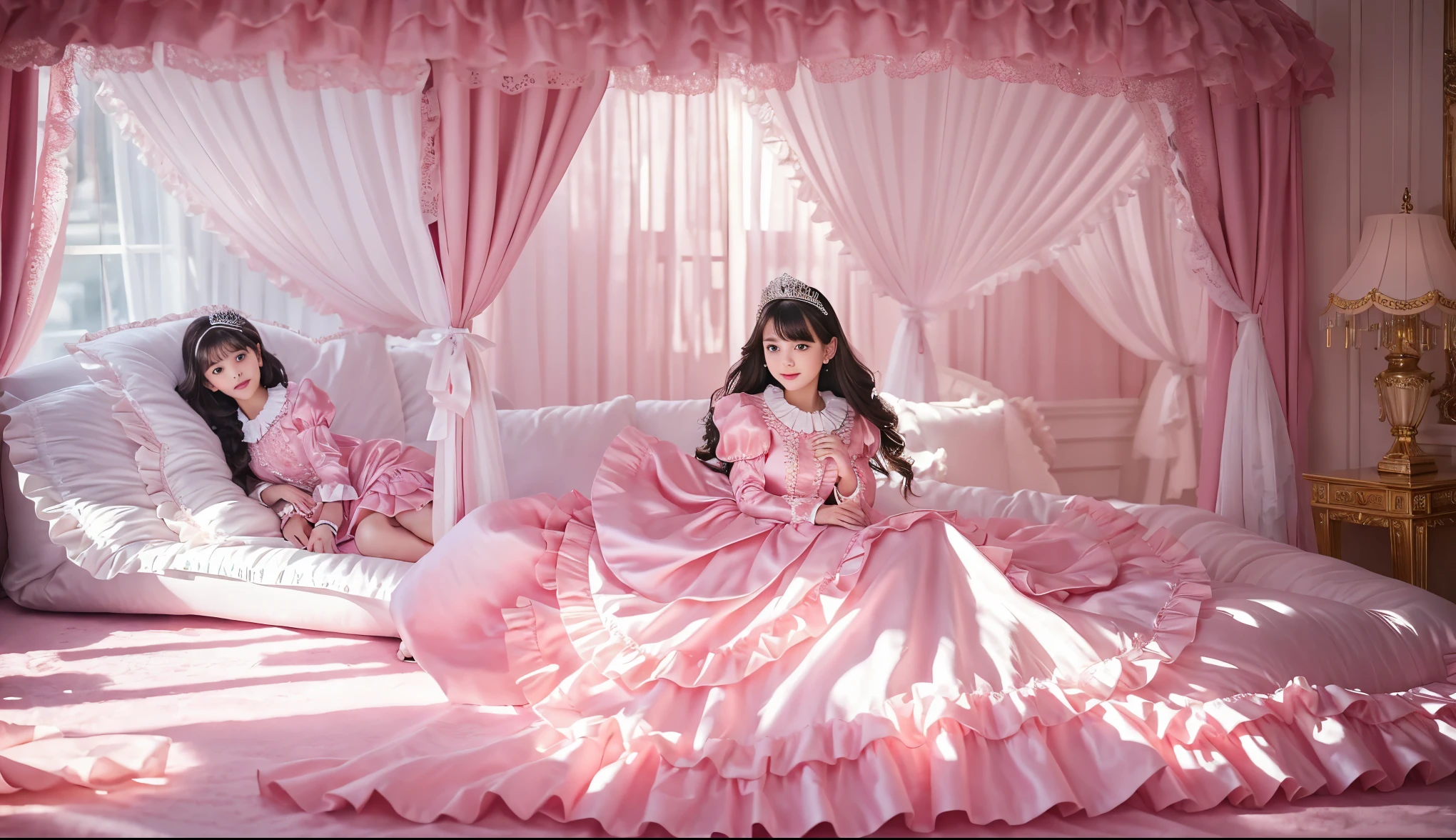 ,highest quality, masterpiece, highest resolution, artwork, super それにget used to it, many get used to it, get used to it, それにget used to it, 3K realistic photos,,((10 year old s)),Super detailed baby face,Both are princesses,detailed luxury tiara,Full length ball gown dress with hoop skirt,ruffled yoke collar,Detailed braided ribbon on chest,puff sleeves,long sleeve,((lolita stylt pink princess satin dress、Comes with lots of frills and ribbons。)),crazy'Colorful Fashion,shiny silk satin dress,soft and smooth silk satin fabric,luxury,Very long blonde hair,blue eyes,white skin european,pajamas,((inside the palace)),Princess dancing happily,gorgeous flowing dress,fine white frills and lace,Super long hair that is as tall as your body,white long socks,drawers with lots of frills,castle bedroom at night,Super long flowing hair,on the bed,豪華な天蓋付きon the bed,巨大な広いon the bed,Pink pillow with lots of frills,Silk satin pink curtains with luxurious ruffles and ribbons surround the bed,Princess sitting on bed,Pillows piled up behind the princess,A princess leaning on a pile of pillows,Long hair scattered like a fan on the bed,(((Both legs are completely hidden inside the dress.))),((((Round futon)))),((((A large ruffled futon that covers the entire bed)))),detailed comforter,Detailed bed sheets,