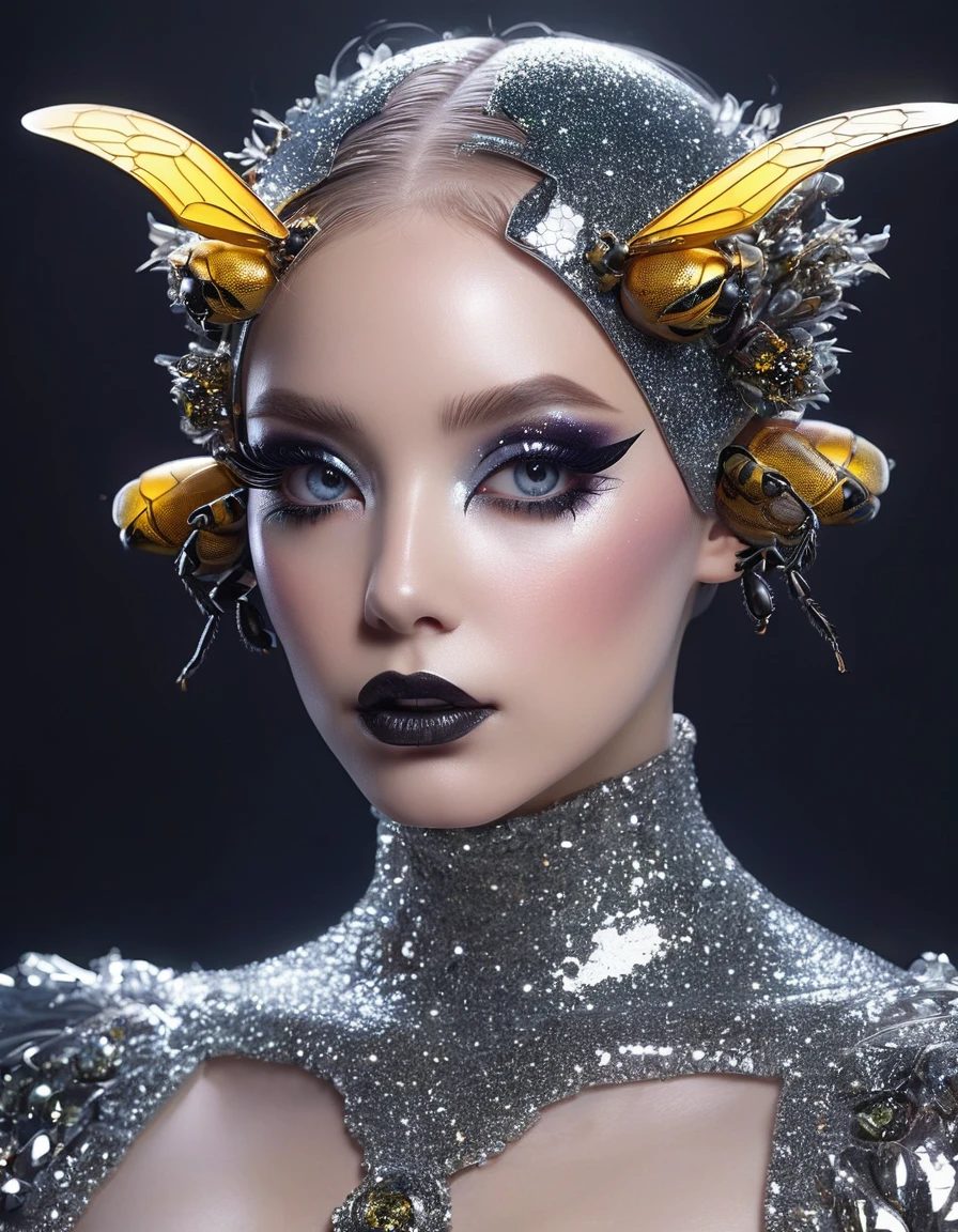 Bee 🐝 Hybrid Humanoid Alien Glitter creepy Jwellary, bee Human human, female, Scary,, blind, Creepy gothic portrait, Glitter eye shadow and eyelashes, big and Long Eyelashes with Dynamic poses for photography, dynamics poses, stephen lau and artgerm, as seen on artgerm, artgerm julie bell beeple, stanley artgerm lau, artgerm and ben lo, portrait , artgerm on artstation pixiv, posing for photoshoot, beautiful sexy and beautiful and attractive