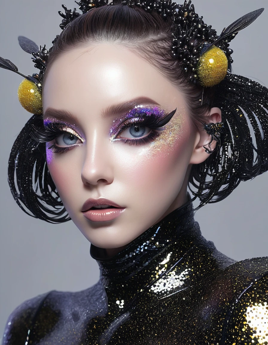 Bee 🐝 Hybrid Humanoid Alien Glitter creepy Jwellary, bee Human human, female, Scary,, blind, Creepy gothic portrait, Glitter eye shadow and eyelashes, big and Long Eyelashes with Dynamic poses for photography, dynamics poses, stephen lau and artgerm, as seen on artgerm, artgerm julie bell beeple, stanley artgerm lau, artgerm and ben lo, portrait , artgerm on artstation pixiv, posing for photoshoot, beautiful sexy and beautiful and attractive