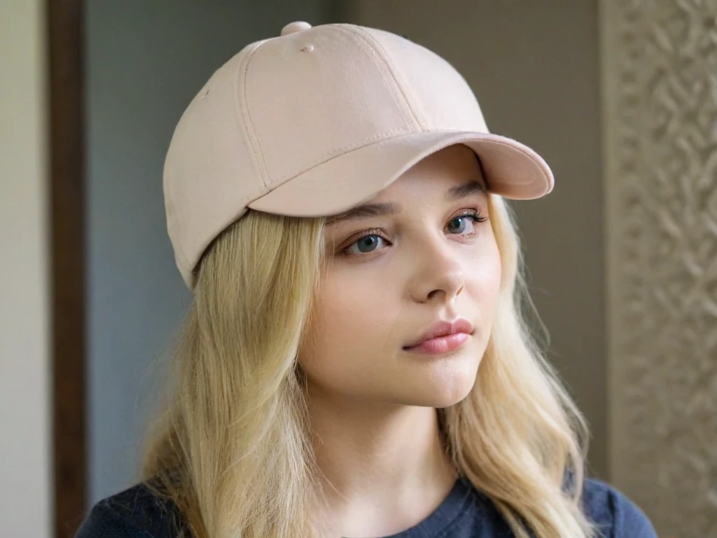 portrait of chloegm, beautiful blonde woman,,posing at home,baseball cap, 