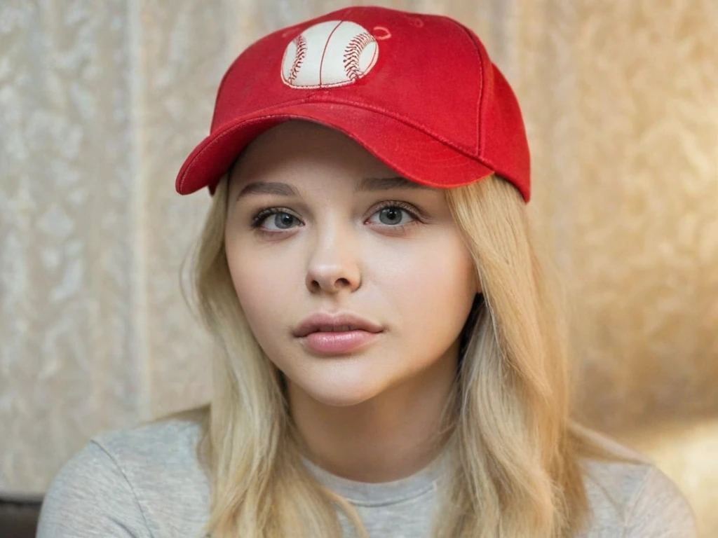 portrait of chloegm, beautiful blonde woman,,posing at home,baseball cap, 