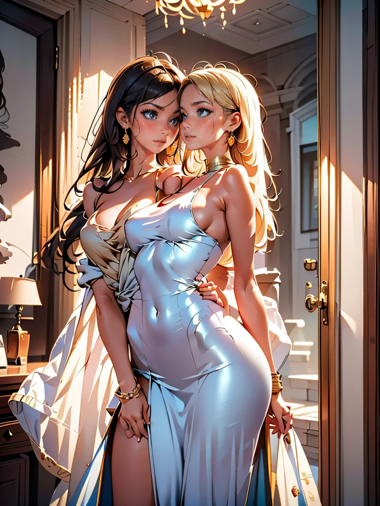 An incredibly beautiful femme fatale young woman, golden-haired blonde with blue eyes, long golden hair gathered in a high beautiful hairstyle, she is dressed in a beautiful luxurious white long dress in oriental style with open shoulders, which perfectly fits her slender beautiful figure, emphasizes a thin waist and rounded hips, deep neckline, long on a thin sparkling gold There is a jewelry chain around her neck, and long gold earrings in her ears. She holds a red rose in her hand, next to her stands a tall, statuesque, handsome, athletic young man, he is dressed in royal oriental white clothes, he has tanned skin, long straight white hair. They are in love with each other, they look at each other with love. They are happy. Masterpiece, perfect drawing, realistic drawing, detailed elaboration, 8k. full-length image, realistic image, detailed image. an extremely detailed illustration, a real masterpiece of the highest quality, with careful drawing.