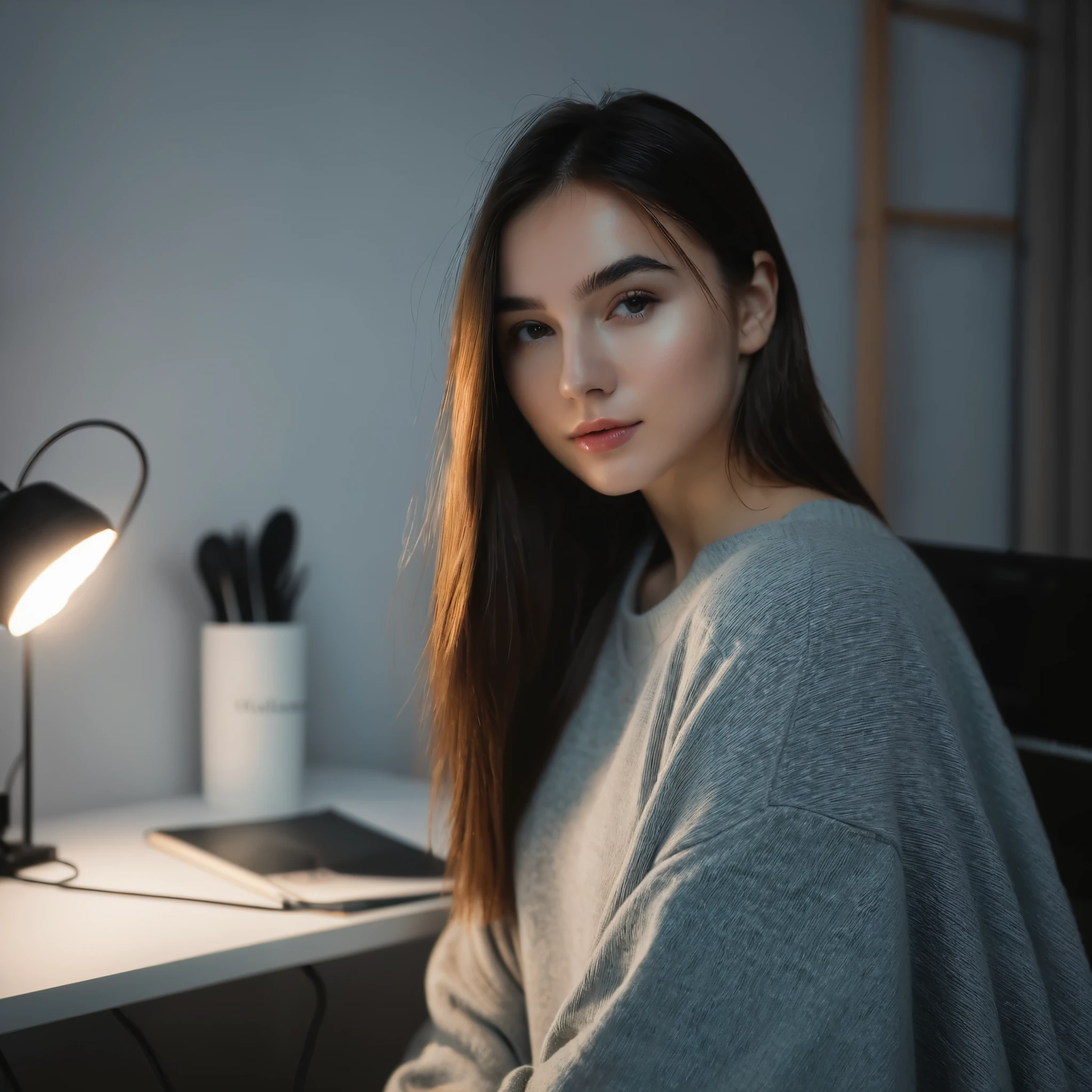 garota, polonesa, 18 anos,, ucraniana, turca, minimalista, estilo chinesa, shein, magra, cabelo castanho escuro, selfie caseira webcam, , Anna Nikonova), , O ultra-detalhado, fotografia realista, Um hiper-realista, softer lighting, increase the quality of cinematic lighting, photorealistic lighting, Back lighting, luz brilhante, Aumentar a qualidade, foto caseira, 8k, Melhor qualidade, mesa, realista, O ultra-detalhado Preparando