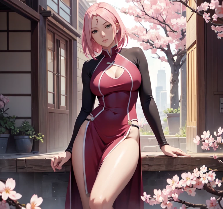 ((ultra quality)), ((masterpiece)), Haruno Sakura, Naruto Shippuden, ((pink short hair)), (beautiful cute face), (beautiful female lips), Charming, ((sexy facial expression)), looks at the camera, eyes slightly open, (skin color white), (blue skin), glare on the body, ((detailed beautiful female eyes)), ((green eyes)), (juicy women&#39;s lip liner), (beautiful female hands), ((ideal female figure)), ideal female body, beautiful waist, gorgeous thighs, beautiful small breasts, ((thin and beautiful)), stands temptingly (Rear view), (Sakura Haruno&#39;s clothes, black skinny shorts, leggings, Hidden Leaf Village Shinobi Clothes) background: hidden leaf village, Naruto shippuden, ((depth of field)), ((clear high quality image)), (Clear details), ((high detail)), really, professional photo shoot, ((Clear Focus)), anime,hand on crotch