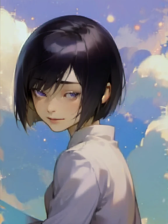 1man, black chin length hair, purple eyes, white uniform