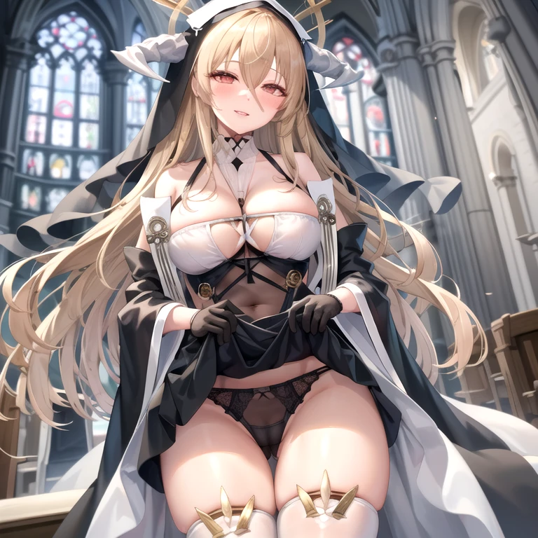 1girl, solo, implacable \(azur lane\), veil, nun, fake horns, clothes lift, black panties, cameltoe, between breasts, hair between eyes, halo, wide sleeves, looking at viewer, black gloves, cleavage, white thighhighs, smile, blush, half-closed eyes,parted lips, (church)