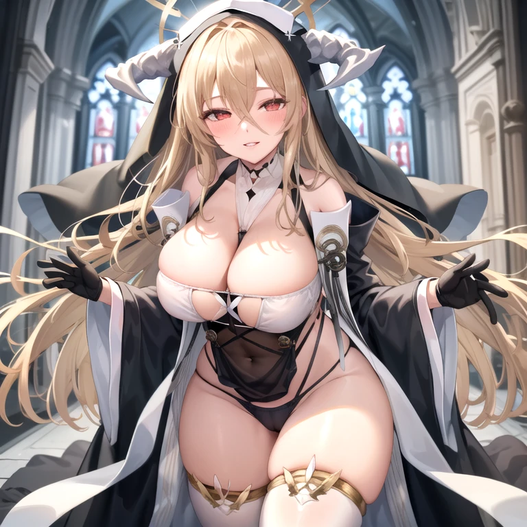 1girl, solo, implacable \(azur lane\), veil, nun, fake horns, clothes lift, black panties, cameltoe, between breasts, hair between eyes, halo, wide sleeves, looking at viewer, black gloves, cleavage, white thighhighs, smile, blush, half-closed eyes,parted lips, (church)