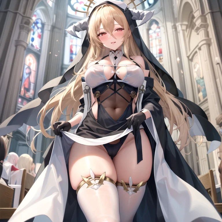 1 girl, alone, unyielding \(Azure Lane\), veil, nun, fake horns, Clothes lift, black, camel toe, between breasts, hair between eyes, halo, wide sleeves, looking at the audience, black gloves, split, white stockings, Smile, blush, half-closed eyes,open lips, (church)