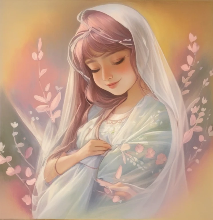 generates a drawing characterized by its soft colors and delicate lines, ethereal and dreamy - The image shows a woman holding a  surrounded by stylized flowers and plants.
- She is wrapped in a translucent veil - The colors are soft and pastel, with a predominance of pink tones, branco e preto, 