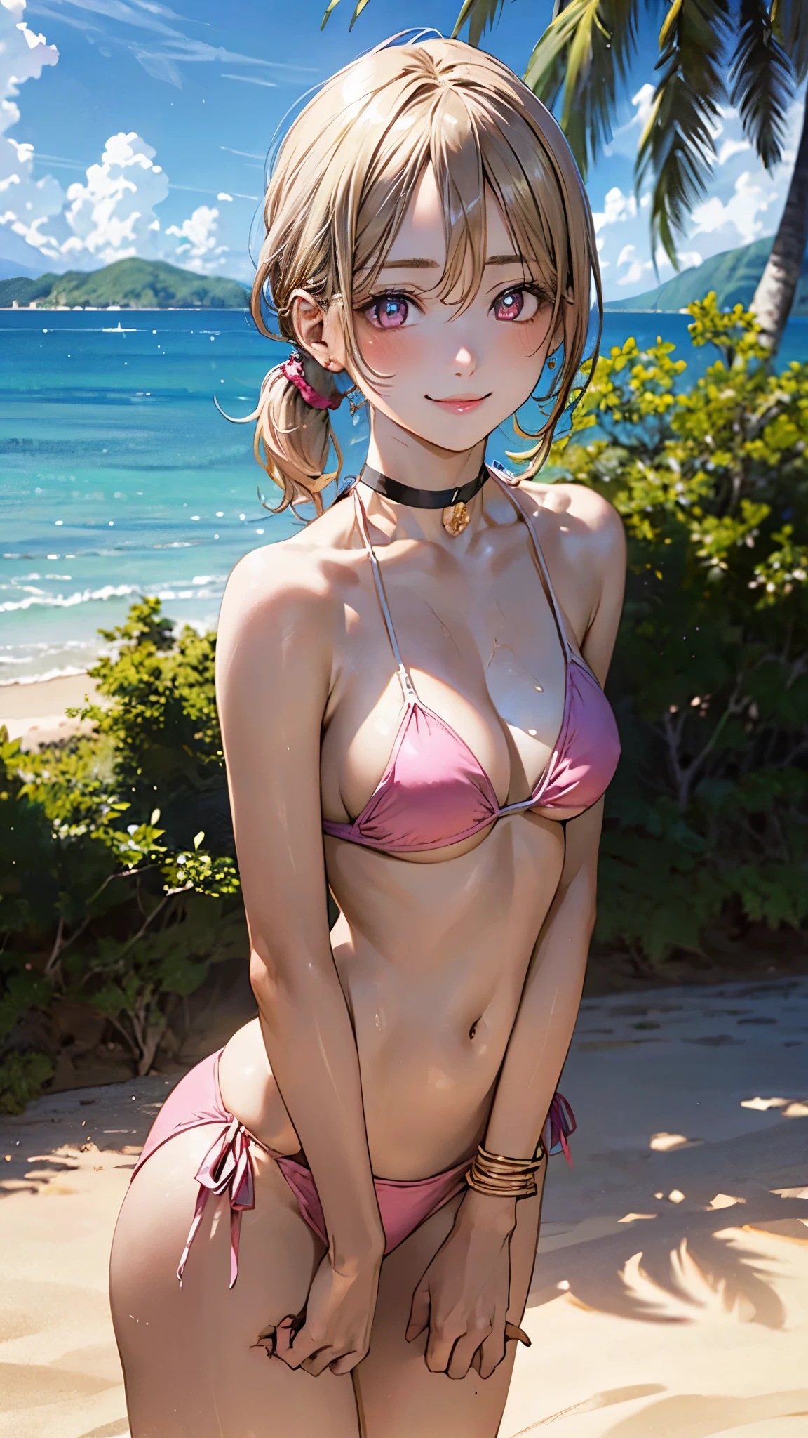 (masterpiece:1.2, top-quality), (realistic, photorealistic:1.4), beautiful illustration, (natural side lighting, movie lighting), nsfw:1.2, 
looking at viewer, cowboy shot, 1 girl, japanese, gravure Idol, high school girl, perfect face, cute and symmetrical face, suntan, shiny skin, slender, 
(short hair:1.2, side ponytail:1.2, blonde hair), parted bangs, gold eyes, long eye lasher, (large breasts:0.6), 
beautiful hair, beautiful face, beautiful detailed eyes, beautiful clavicle, beautiful body, beautiful chest, beautiful thigh, beautiful legs, beautiful fingers, 
((pink bikini), choker, wrist chakra), 
(beautiful scenery), tropical beaches, ({hand between legs | hand on chest | arms behind back}), (lovely smile, upper eyes),