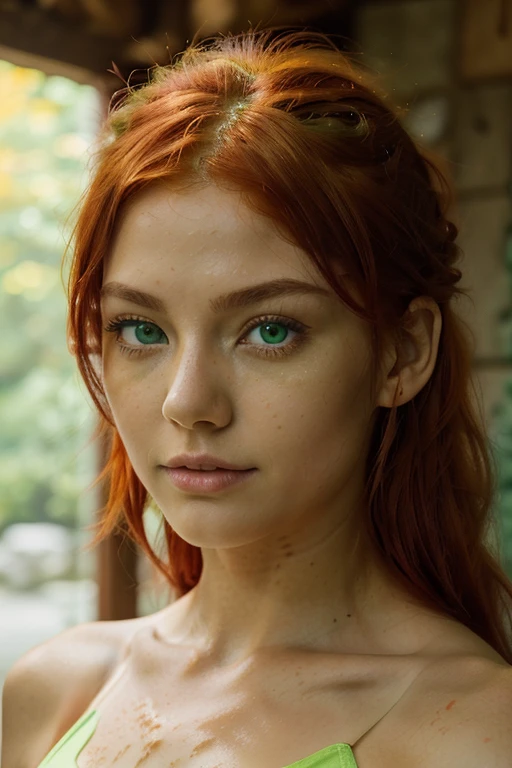 (close up portrait)) 20 year old girl, scottish japanise mix ((bright fiery red hair cascading like molten silk)), slender fit, athletic build . lightly tanned skin. (((bright green eyes))), ultra real, cinematic, high detail, ((no eyeshadow)) 