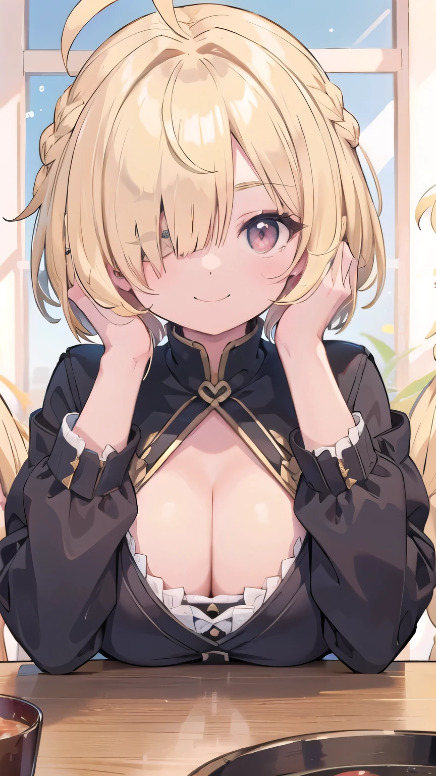 cleavage、tits、smile、hands up, elbows on table, face palm、breasts close up, blonde　((((((hair over one eye)))))), Braid Styles, spiked hair, blunt bangs, bob hair, a braid, Ahoge　red eyes, 