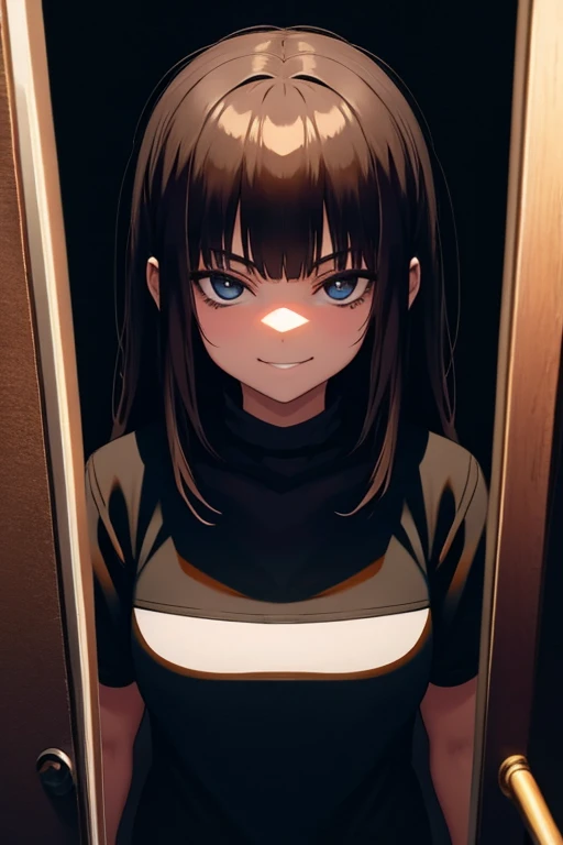 Creepy girl, dark room, smirk,
