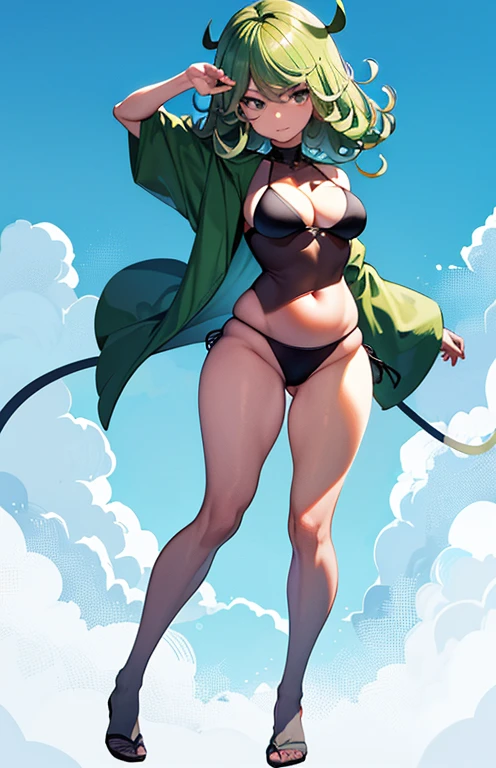 (masterpiece, highest quality: 1.2), alone, 1 girl, Tatsumaki, greedy, closed mouth, looking at the viewer, butt, wide hips, short bikini, Are standing, legs open, blue sky, Bad mood, full body photo, medium breasts