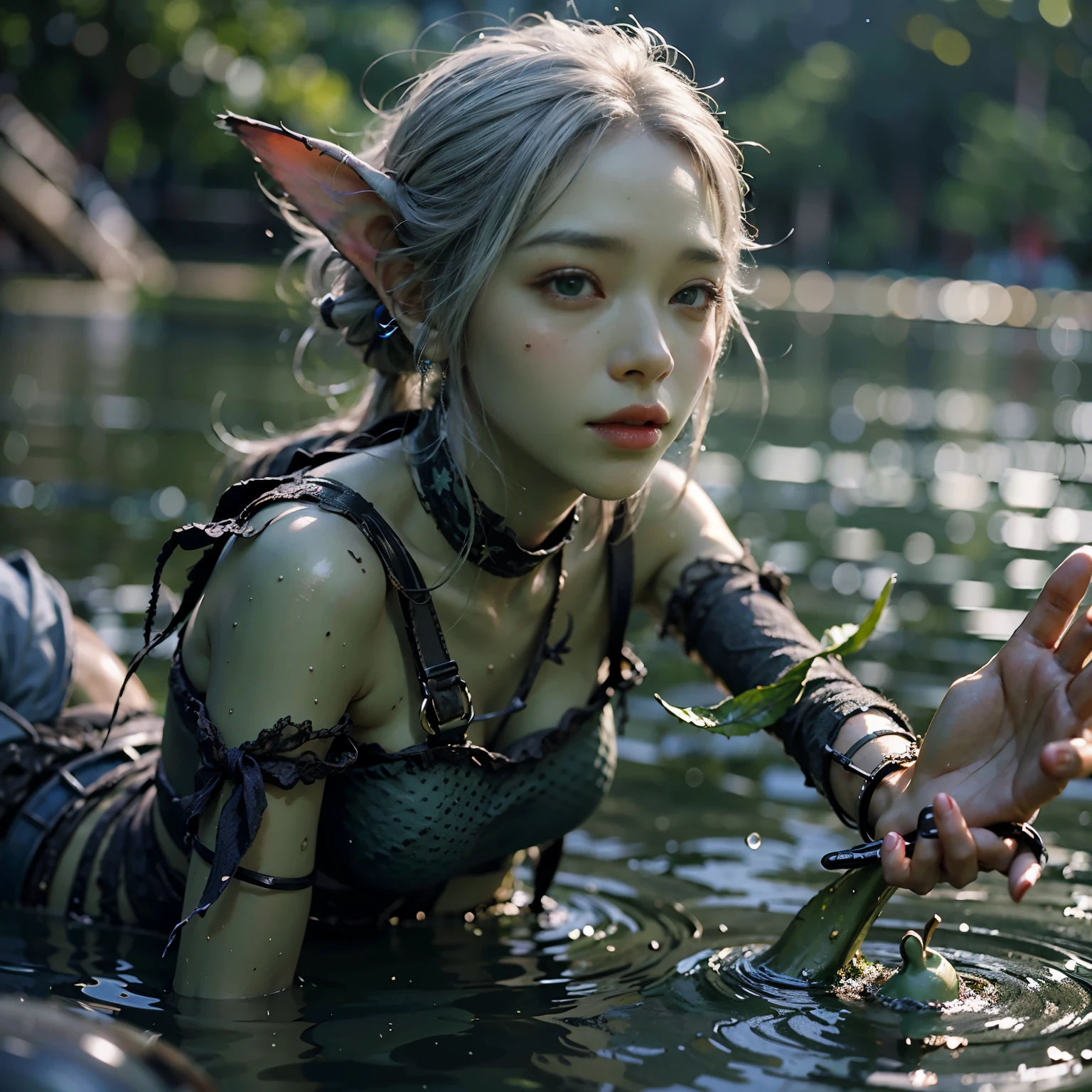 masterpiece、highest quality、Super realistic、Super detailed、1 person、female goblin、beautiful girl、(green skin:1.3), gray hair,shortcut、Simple clothes、Playing in the clear water of the river