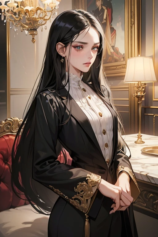 (masutepiece, Digital Art, Digital Illustration, 4K, 8K, Ultra-detailed, beautiful image, Sharp Image, Photorealistic, Raw photo, Perfect face, Perfect lines, Perfect eyes, Soft lighting) 1 woman, (Long Black Hair,straight haired,Bullish gaze,Beautie,ellegance,mannish,onepiece,Solid makeup,23 y-o woman,small tits:1.3),Two handsome men in suits, (ember,Men in suits,well-muscled,Firm shoulder width,Adult male,Boyish hairstyle,English gentlemanly style,Man in his 30s with a cool expression,28-year-old man with bright smile:1.2),Antique furnishings,Antique Clamps,Antique chair,chandeliers,Crystal Glass,Luxury,fantastical light,Marble fireplace,wine glasses ,champagne,(First failure,heart-broken,Crying face,vexation:1.2),