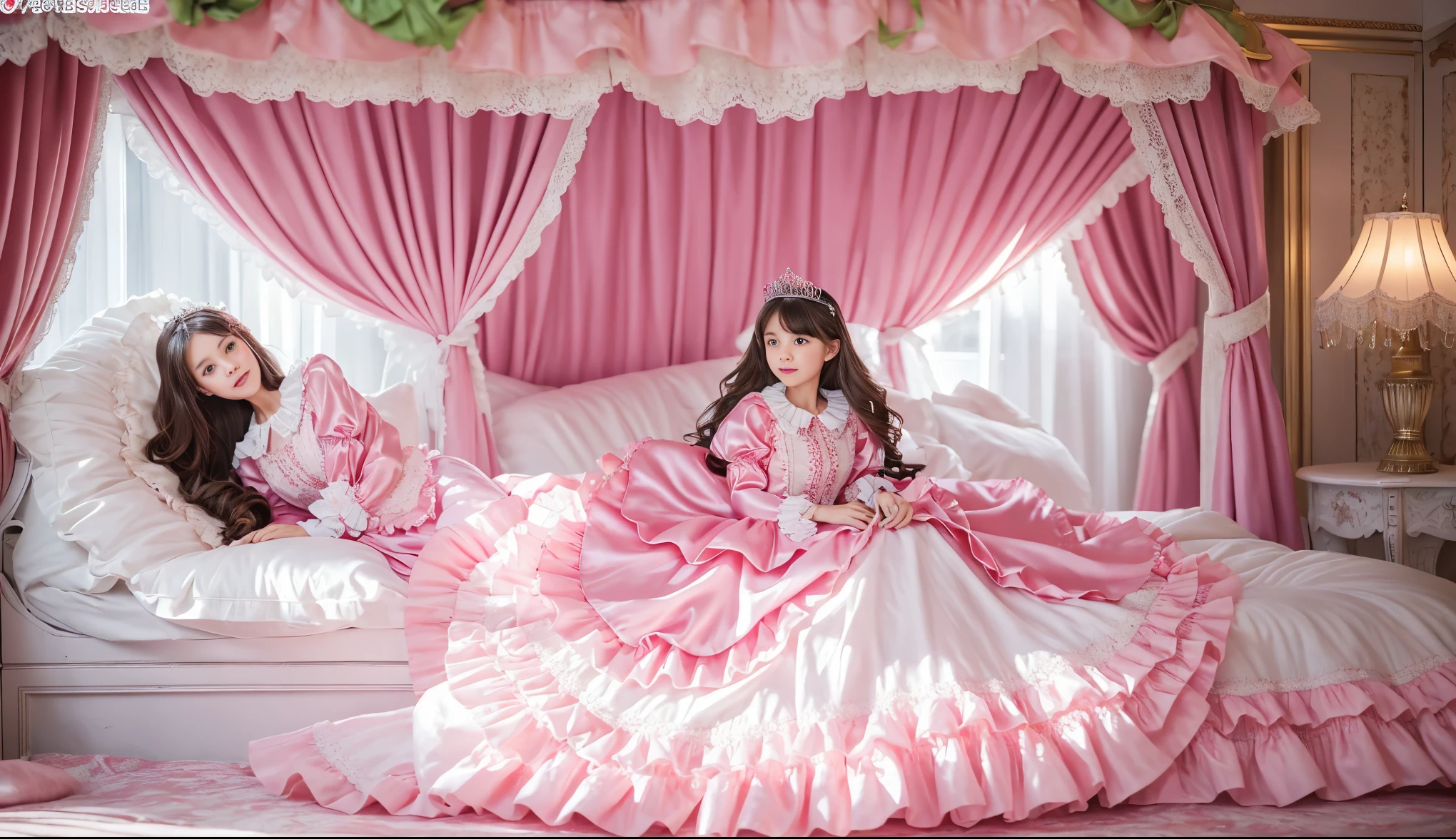 ,highest quality, masterpiece, highest resolution, artwork, super それにget used to it, many get used to it, get used to it, それにget used to it, 3K realistic photos,,((10 year old little girls)),Super detailed baby face,Both are princesses,detailed luxury tiara,Full length ball gown dress with hoop skirt,ruffled yoke collar,Detailed braided ribbon on chest,puff sleeves,long sleeve,((lolita style hot pink princess satin dress、Comes with lots of frills and ribbons。)),crazy&#39;Colorful Fashion,shiny silk satin dress,soft and smooth silk satin fabric,luxury,Very long blonde hair,blue eyes,white skin european,pajamas,((inside the palace)),Princess dancing happily,gorgeous flowing dress,fine white frills and lace,Super long hair that is as tall as your body,white long socks,drawers with lots of frills,castle bedroom at night,Super long flowing hair,on the bed,豪華な天蓋付きon the bed,巨大な広いon the bed,Pink pillow with lots of frills,Silk satin pink curtains with luxurious ruffles and ribbons surround the bed,Princess sitting on bed,Pillows piled up behind the princess,A princess leaning on a pile of pillows,Long hair scattered like a fan on the bed,(((Both legs are completely hidden inside the dress.))),((((Round futon)))),((((A large ruffled futon that covers the entire bed)))),detailed comforter,Detailed bed sheets,