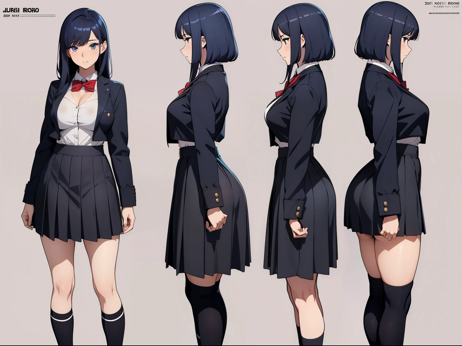 masterpiece, best quality, 1girl, solo, solo focus, brown shoes, matching shoes, white socks, matching socks, (blazer, blue blazer, white shirt), (red bow, bowtie), (white skirt, pleated skirt, miniskirt), glasses, standing, (dark blue hair, short hair, bob hair), blue eyes, beautiful detailed eyes, beautiful detailed face, cute face, perfect hands, complete fingers, perfect anatomy, perfect proportions, full body with costume. Simple background, Multiple Views, Character Sheet Full-Length. equal height. sfw.