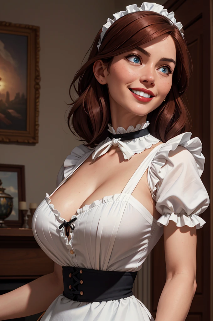 A pretty maid. best quality, masterpiece, Auburn hair, sky blue eyes, wearing a steriotypical French maid outfit, (headdress、white blouse、black ribbon、White Apron、ruffle skirt、puff sleeves、collar、choker、apron with fine ruffles:1.3)、black maid costume). looking up, upper body,hair strand,Fair skin, Large chest,. Adorable, mature Woman,detailed big-eyed woman, round face. promenent red lips. Smileing,In the mansion library, large ass, Picture from the side,looking at the scenes, intense colors, Very valuable details, complex details, volumetric lighting, digital art, 8k, trending on Artstation, Clear focus, complex details, highly detail, Greg Rutkowski Big Eyes, high-resolution, Auburn hair. Olivia Munn., attractive chest, .Photorealistic. Confidence, self esteem, assertiveness, dominance. wide Amused smile. Sultry expression. , Cleavage. Perky bosum.