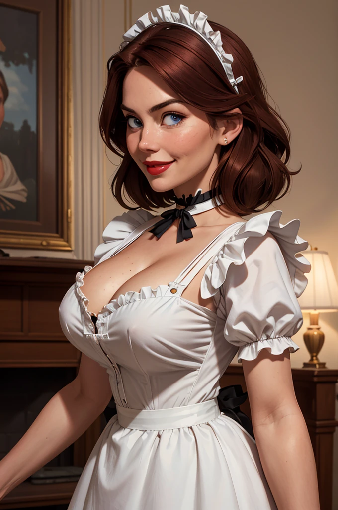 A pretty maid. best quality, masterpiece, Auburn hair, sky blue eyes, wearing a steriotypical French maid outfit, (headdress、white blouse、black ribbon、White Apron、ruffle skirt、puff sleeves、collar、choker、apron with fine ruffles:1.3)、black maid costume). looking up, upper body,hair strand,Fair skin, Large chest,. Adorable, mature Woman,detailed big-eyed woman, round face. promenent red lips. Smileing,In the mansion library, large ass, Picture from the side,looking at the scenes, intense colors, Very valuable details, complex details, volumetric lighting, digital art, 8k, trending on Artstation, Clear focus, complex details, highly detail, Greg Rutkowski Big Eyes, high-resolution, Auburn hair. Olivia Munn., attractive chest, .Photorealistic. Confidence, self esteem, assertiveness, dominance. wide Amused smile. Sultry expression. , Cleavage. Perky bosum.