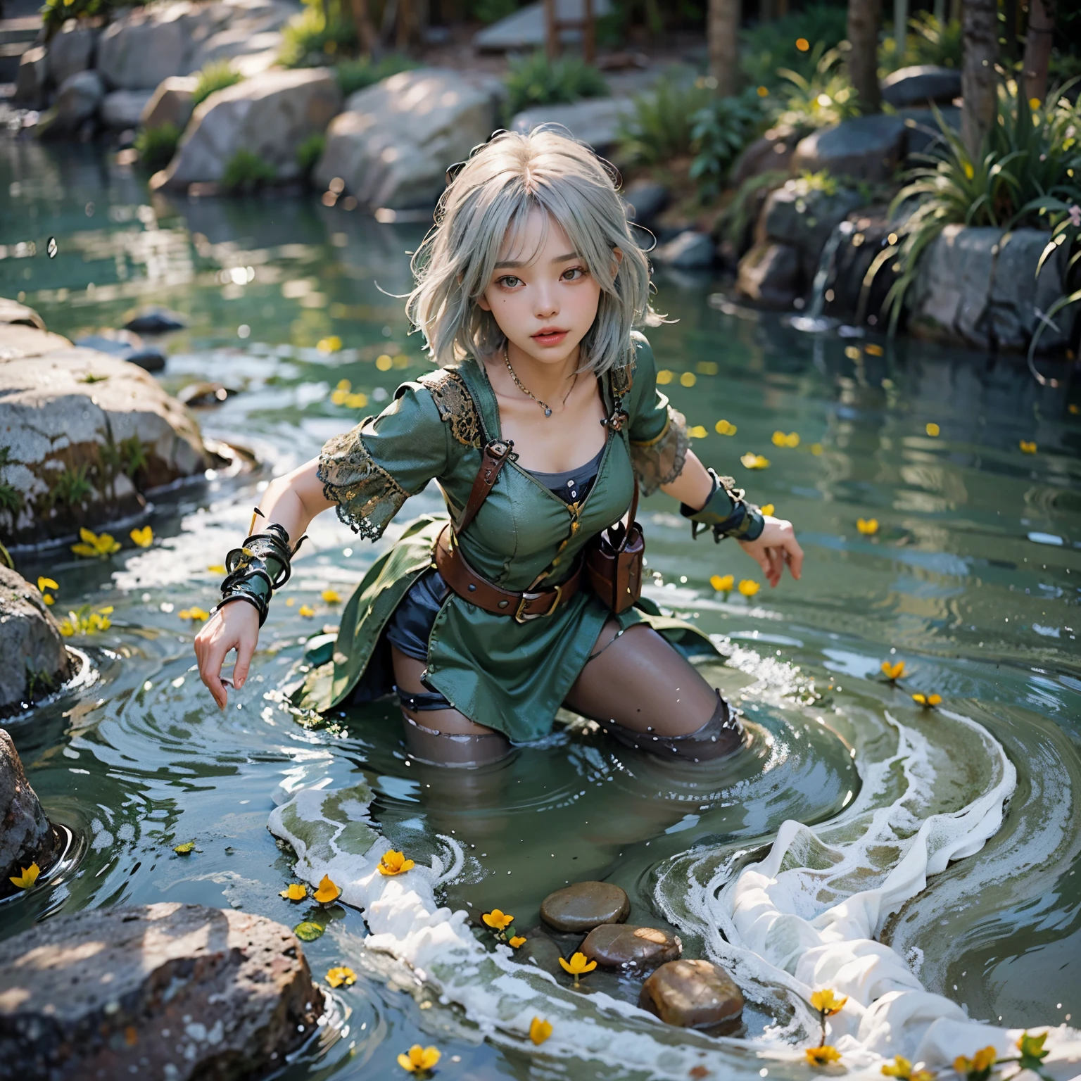 ((full-body photo, feet on the ground, front view)). Princess Zelda, {big breasts, red cheeks, red lipstick on her mouth, looking at the viewer}, (({black outfit with gold trim/maid's outfit with short shorts})), she's bathing in a waterfall in an open area falling water, clothes and hair soaked. She has (({short green hair, blue eyes, looking at the viewer, smiling})), anime, anime style, motion blur, 16k, high quality, super detail, textured skin, anatomically correct, masterpiece, masterpiece, masterpiece, UHD, ccurate