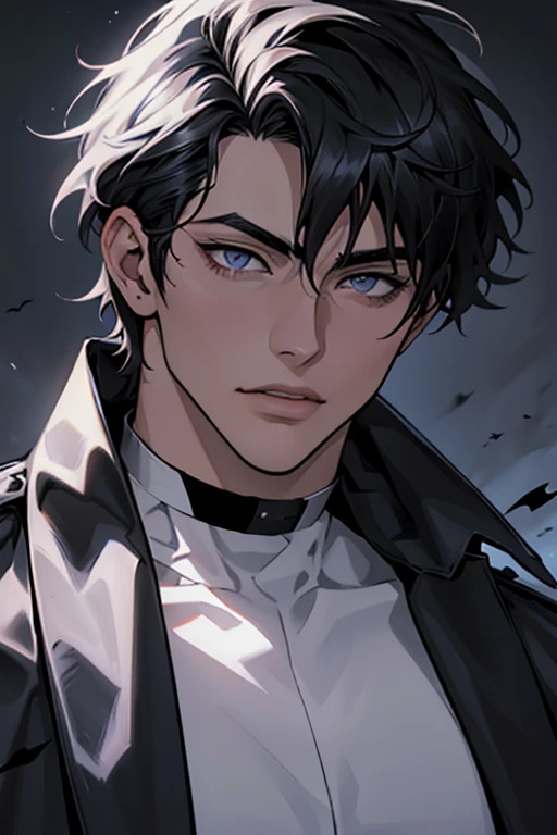 Manhwa Arte Europeo, 25 years old man, Pelo desordenado de la cabecera, Cabello negro azabache, ojos penetrantes, cejas gruesas, Llevar disfraz de vampiro, ojos amarillos, orejas punteagudas, colmillos salientes de su boca, sangre resbalando de su boca, amenazante, sexy, sensual,  razor-sharp jawline, mirada penetrante, Cold and mysterious character, 8k, Detailed features, muy guapo