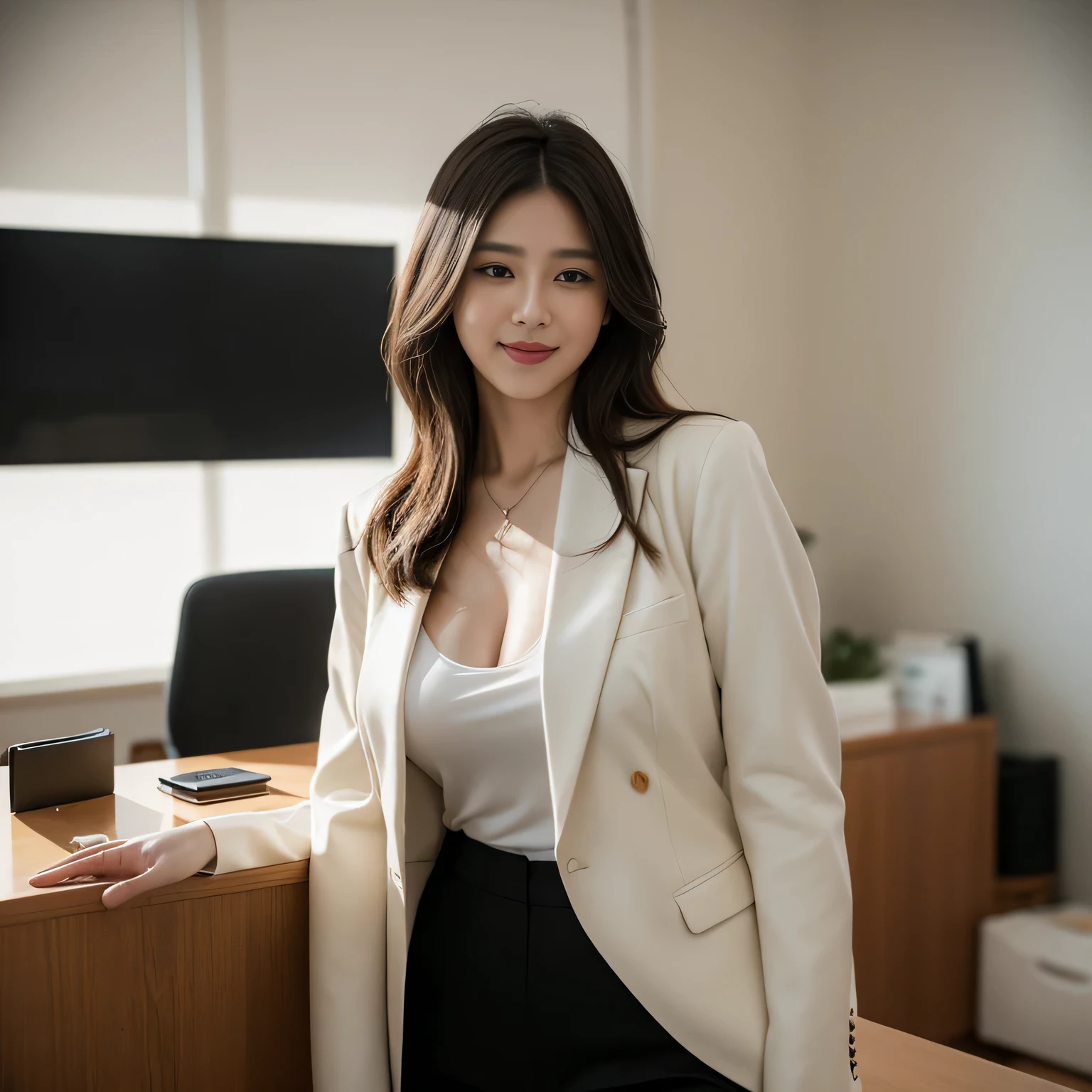 beautiful girl, 1girl, solo, korean Female Model, dynamic poses, ((smile)), ((office shirt)), ((wearing lanyard)), name tag, long hair, blonde hair, blazer, black eyes, (((plumpy body))), sfw, (medium breast:1.3), cleavage, Morning sunshine,Eyes on the audience, ((dynamicposes)),((dynamicbackground)), ((face details)),Double eyelids, reeds, realistic, masterpiece, highest quality, lens flare, shade, ((corporate office background)), [[chromatic aberration]], by Jeremy Lipking, by Antonio J. Manzanedo, digital painting, HDR, high contrast
