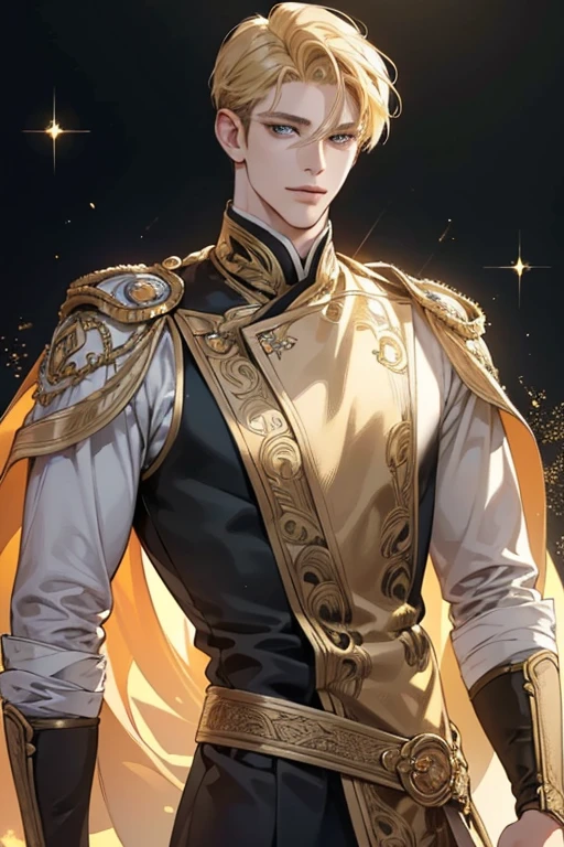 {(best quality, 8k, masterpiece, HDR, soft lighting, perfect image, digital illustration, manhwa art, hyper detailed image, perfect lines, realistic)} 1 very handsome man, short blonde hair, blue eyes, olive skin, clothes luxurious (imposing posture, smiling), {(black background with golden sparkles)}