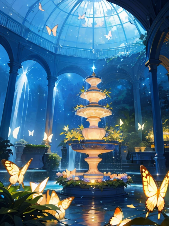 (top quality, masterpiece, ultra-realistic), night, starry skies, magical indoor botanical garden, dome, sparkling water fountain, lots of flowers, glowing butterflies, background landscape is a garden with petals and papas flying around. --v6