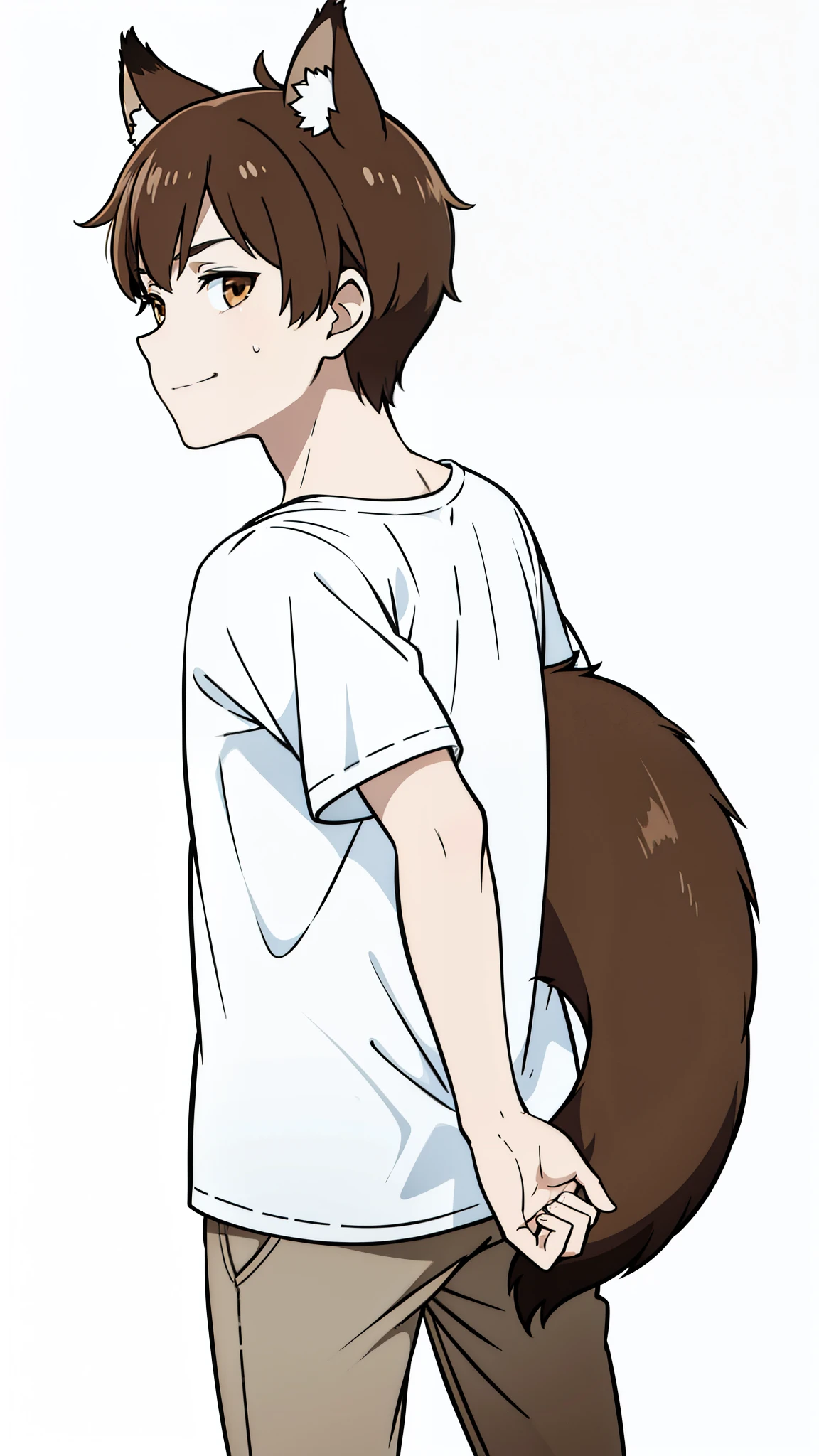 (1boy,8 years old)),solo,brown hair,short hair,fox ears,casual outfit,(white background,line drawing),smug,from back