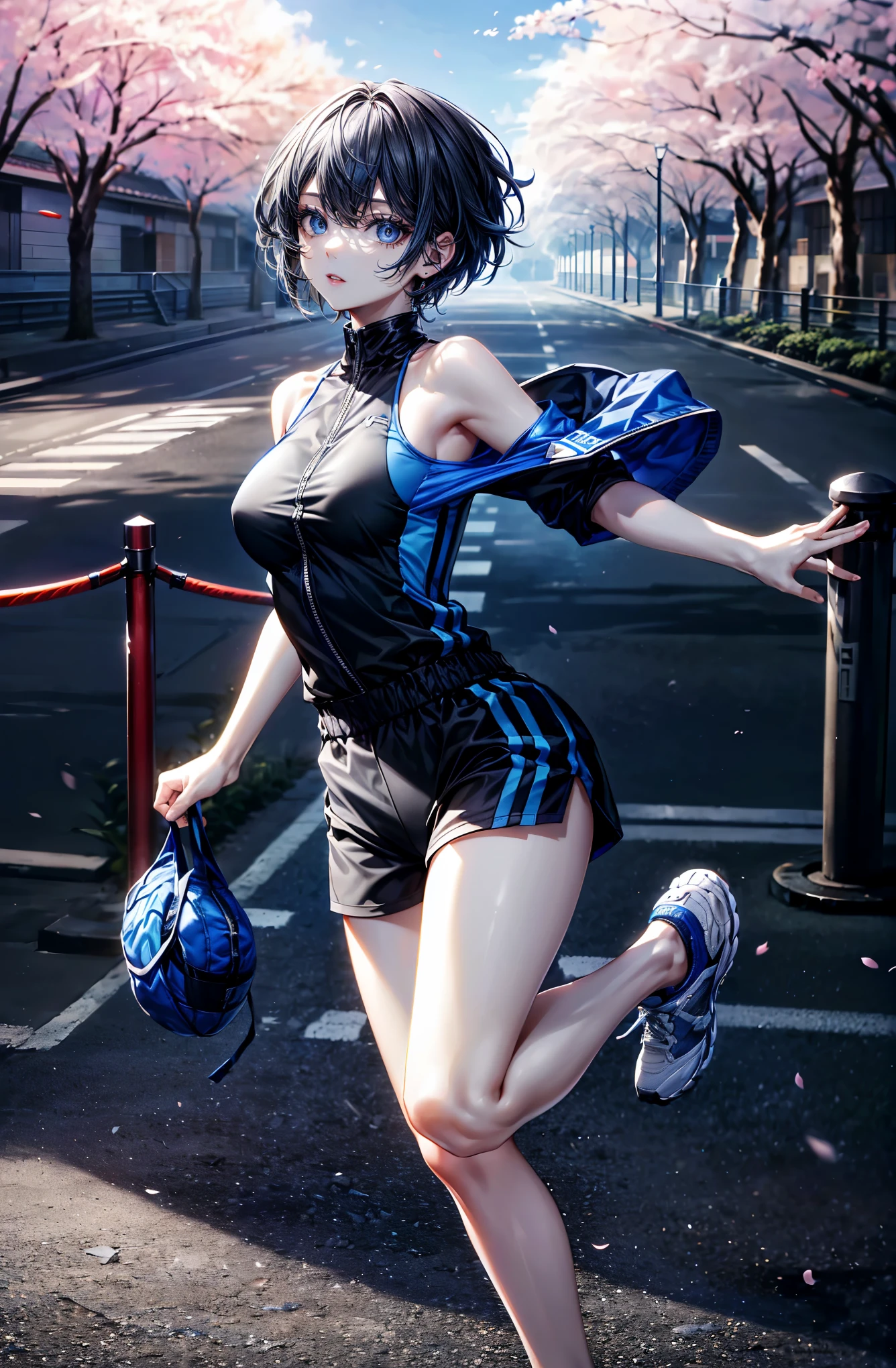 hyper quality、8K quality、High resolution、Image quality captured with a single-lens reflex camera、(software)、perfect anatomy、(Black Grey Short Hair、shoulder length hair:1.2)22 year old beauty.Mature face、blue eyes(Sharp look:1.4)(Good shape and normal breasts)
BREAK
(Wear a blue sporty outfit with lines、running shoes:1.3)
(Taking a break from running)
turn to the side(perfect anatomy:1.4)break(watch the sunrise、cherry blossoms、look away:1.2)(early morning、Quiet city:1.3)(cherry blossoms並木がある公園)