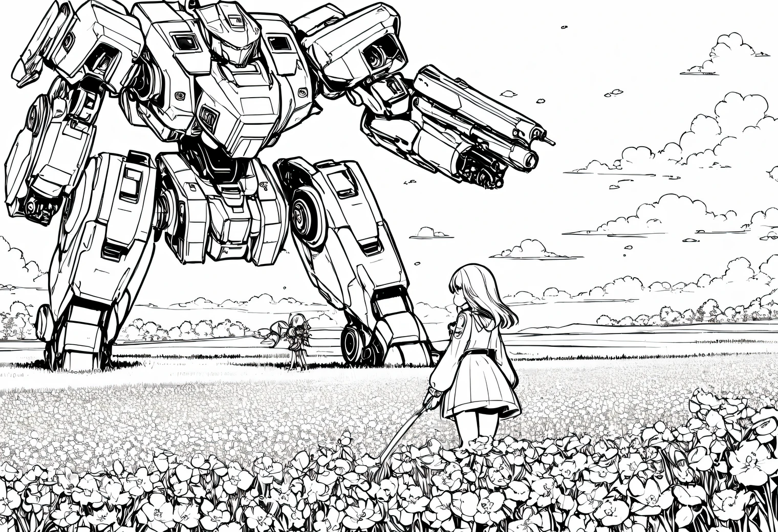 Anime line art, anime girl collects flowers in the field, next to her is guarded by a large high-tech combat Mech, line art, Anime line art