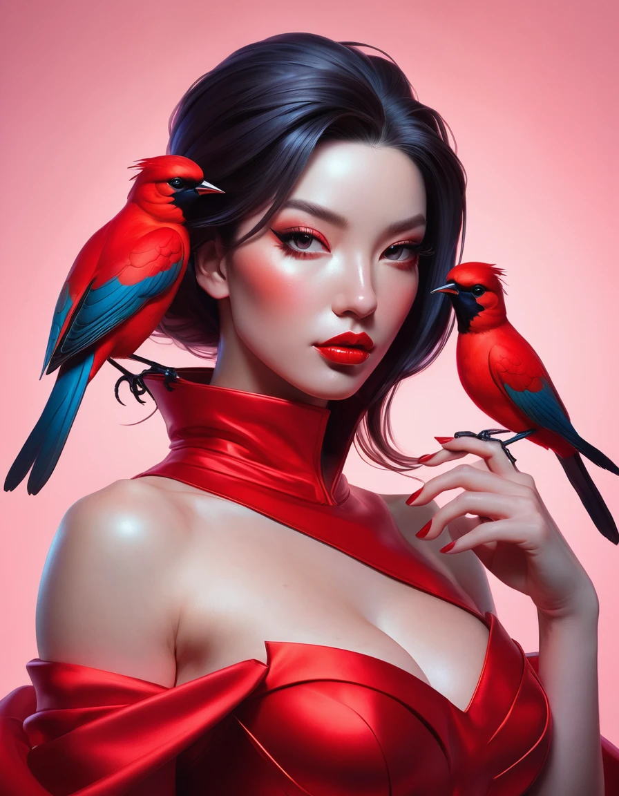 a close up of a woman in a red costume with a bird on her shoulder, artgerm and james jean, artgerm greg rutkowski _ greg, featured on artgerm, artgerm style, as seen on artgerm, artgerm colorful!!!, artgerm julie bell beeple, jessica rabbit, artgerm comic, stephen lau and artgerm, as seen on artgerm, artgerm julie bell beeple, stanley artgerm lau, artgerm and ben lo, portrait , artgerm on artstation pixiv, posing for photoshoot, beautiful sexy and beautiful and attractive, wide angle photography