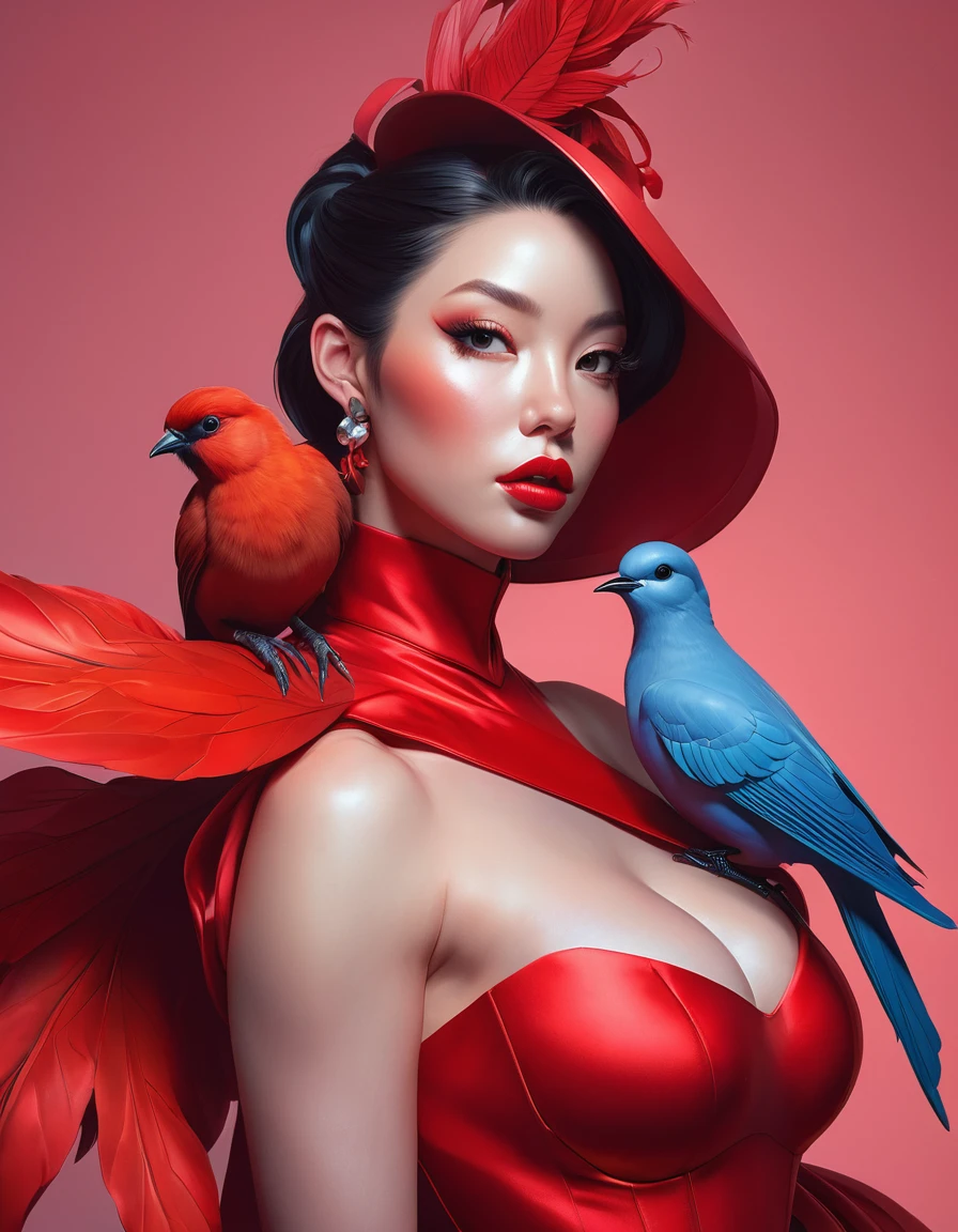 a close up of a woman in a red costume with a bird on her shoulder, artgerm and james jean, artgerm greg rutkowski _ greg, featured on artgerm, artgerm style, as seen on artgerm, artgerm colorful!!!, artgerm julie bell beeple, jessica rabbit, artgerm comic, stephen lau and artgerm, as seen on artgerm, artgerm julie bell beeple, stanley artgerm lau, artgerm and ben lo, portrait , artgerm on artstation pixiv, posing for photoshoot, beautiful sexy and beautiful and attractive, wide angle photography