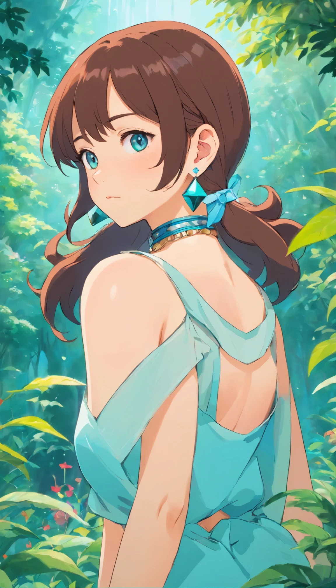a girl wearing an anime collar, a long necklace and earrings, in the style of tranquil gardenscapes, colorful animation stills, masami teraoka, aquamarine, paul gauguin, Embry style, honest portrayal, sucking penis