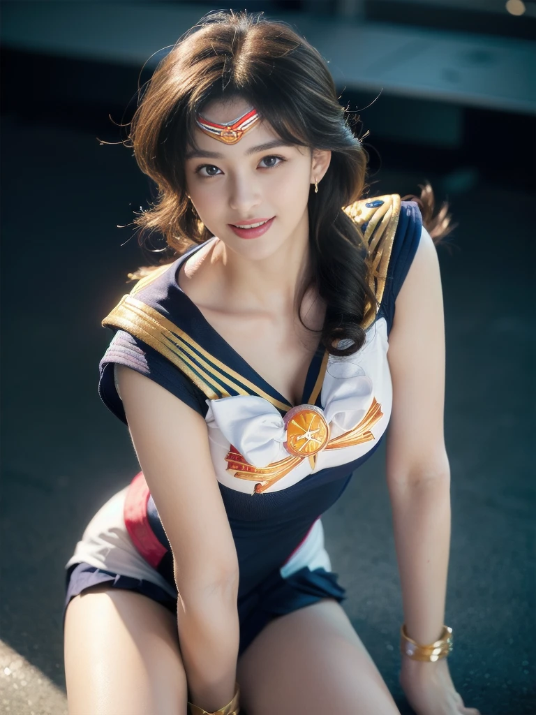 ((((Highest quality))))、(((Ultra Precision Wallpaper CG16K)))、(((Masterpiece)))、(((very detailed)))、(((Extreme details)))、one woman、mature woman、25 year old woman、((Japanese face))、((very beautiful face))、((assist々Kiki:1.8))、((Sailor Moon hairstyle:1.2))、(curly hair)、Swipe until the end of the day.、The most beautiful woman,、Delicate, beautiful eyes、brown eyes、high nose、small nose、seductive lips、Open your mouth slightly.、beautiful breasts、Breast size C cup、Breast cleavage、plump body、perfect proportions、perfect anatomy、Beautiful and detailed shading、beautiful natural light、Beautiful details glow、depth of field、(((High Chroma)))、((realistically:1.9))、((bright:1.4))、((Beautiful skin))、((skin texture))、((ความรู้สึกผิวที่realistically))、perfect composition、((cowboy shoot))、((View from the front))、((smile:1.2))、(Staring into the eye)、แสงแดดbright、((starry background:1.2))、(blurred background)、((Sailor Moon outfit:1.5))、(glove)、(boots)、((thighs thighs thighs thighs:1.2))、(golden hair),