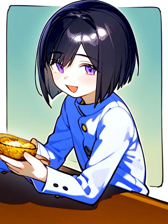 1boy, black chin length hair, purple eyes, white uniform, supper happy