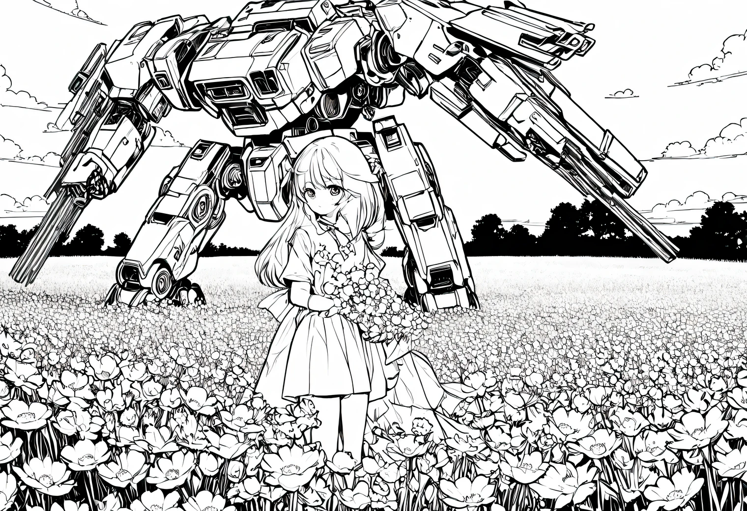 Anime line art, anime girl collects flowers in the field, next to her is guarded by a large high-tech combat Mech, line art, Anime line art