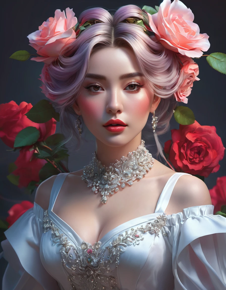 arafed woman in a dress with roses in her hair, romanticism art style, beautiful digital artwork, 🌺 cgsociety, romanticism portrait, exquisite digital illustration, fantasy art behance, stunning digital illustration, beautiful digital illustration, ethereal beauty, fantasy art style, beautiful fantasy art, gorgeous digital art, inspired by Yanjun Cheng, elegant digital painting, as seen on artgerm, artgerm julie bell beeple, stanley artgerm lau, artgerm and ben lo, portrait , artgerm on artstation pixiv, posing for photoshoot, beautiful sexy and beautiful and attractive, wide angle photography