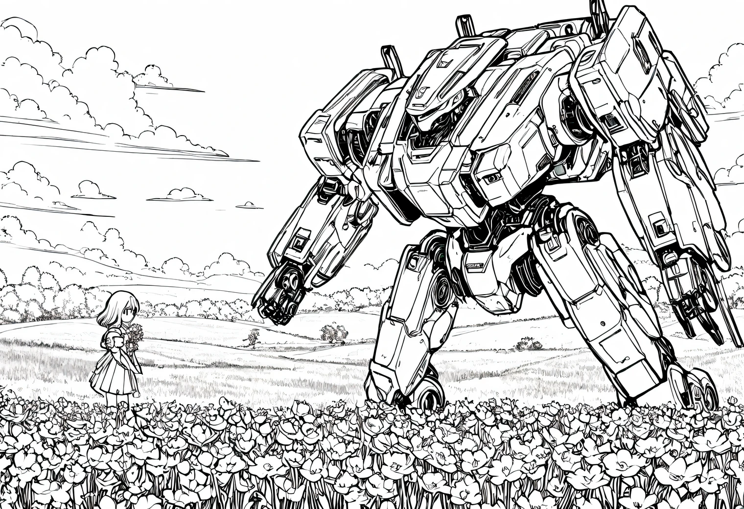 Anime line art, anime girl collects flowers in the field, next to her is guarded by a large high-tech combat Mech, line art, Anime line art