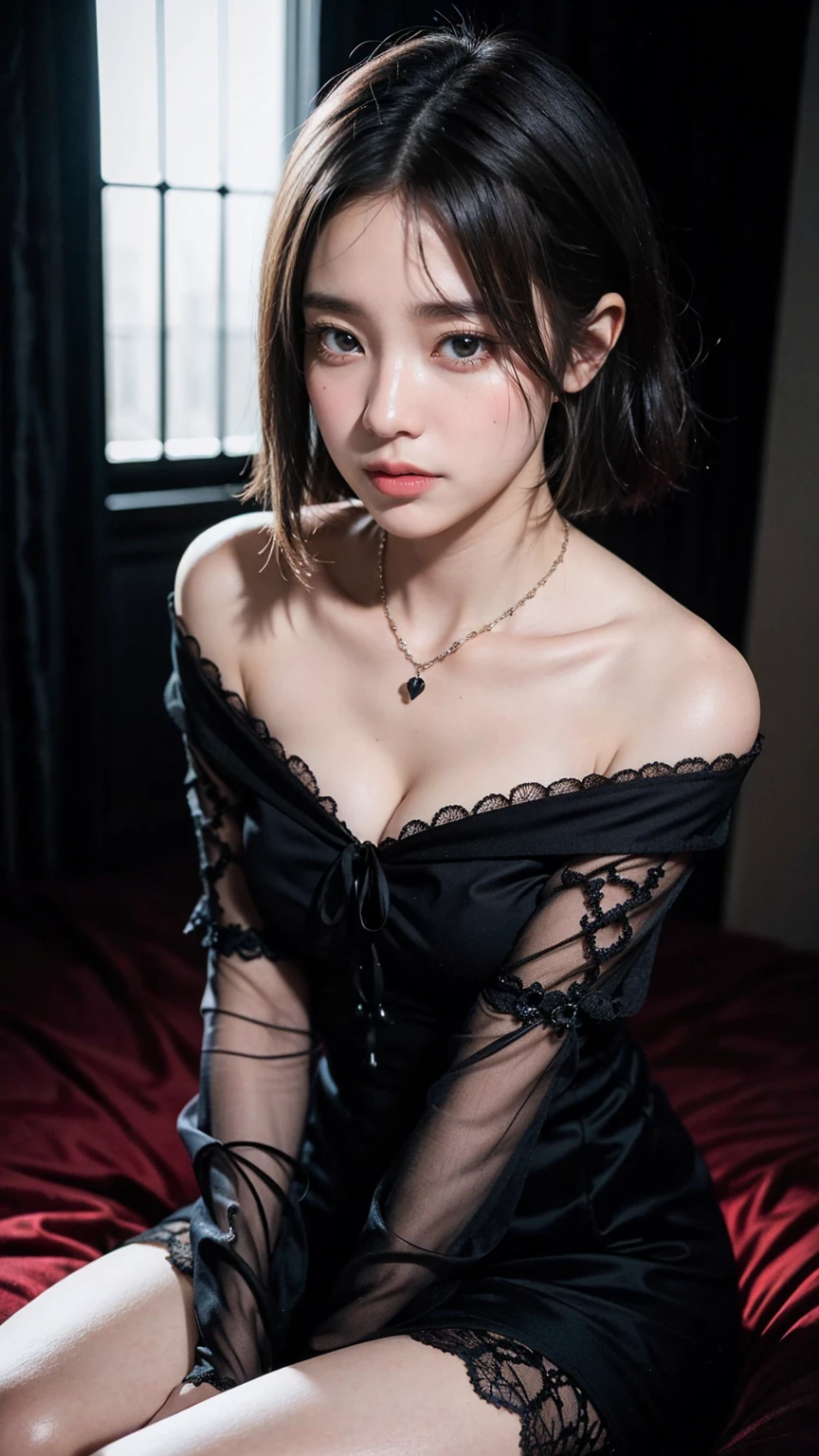 Cowboy Shot、(Updo with bangs)、straggling hair、Black Hair、(Hanging Hair)、((widow))、((mourning dress))、((((Black long sleeve mourning clothes))))、(((Funeral場)))、((((Funeral))))、Black formal wear、Highest quality,(RAW Photos:1.2)、(Realistic:1.4),(High resolution:1.4), 1 Girl, Written boundary depth,, Exquisitely crafted,8K, Very detailed, Perfect lighting, Spectacular Background、((Delicate painting)),(の詳細なRAW Photos),(Highest quality:1.6), (超High resolution:1.5), (Realistic:1.75), 8K resolution, Canon EOS R5, 50mm, Very detailedな,Cinema Lighting,Correct finger、sit、((Spread your legs))、((((Skirt flip))))、purple panties、Pearl Necklace、Pearl Earrings、(Clothing that covers the chest)、((There is a coffin))、((Minimally revealing clothing))、(The altar is decorated with a bouquet of chrysanthemums..)、candlestick、